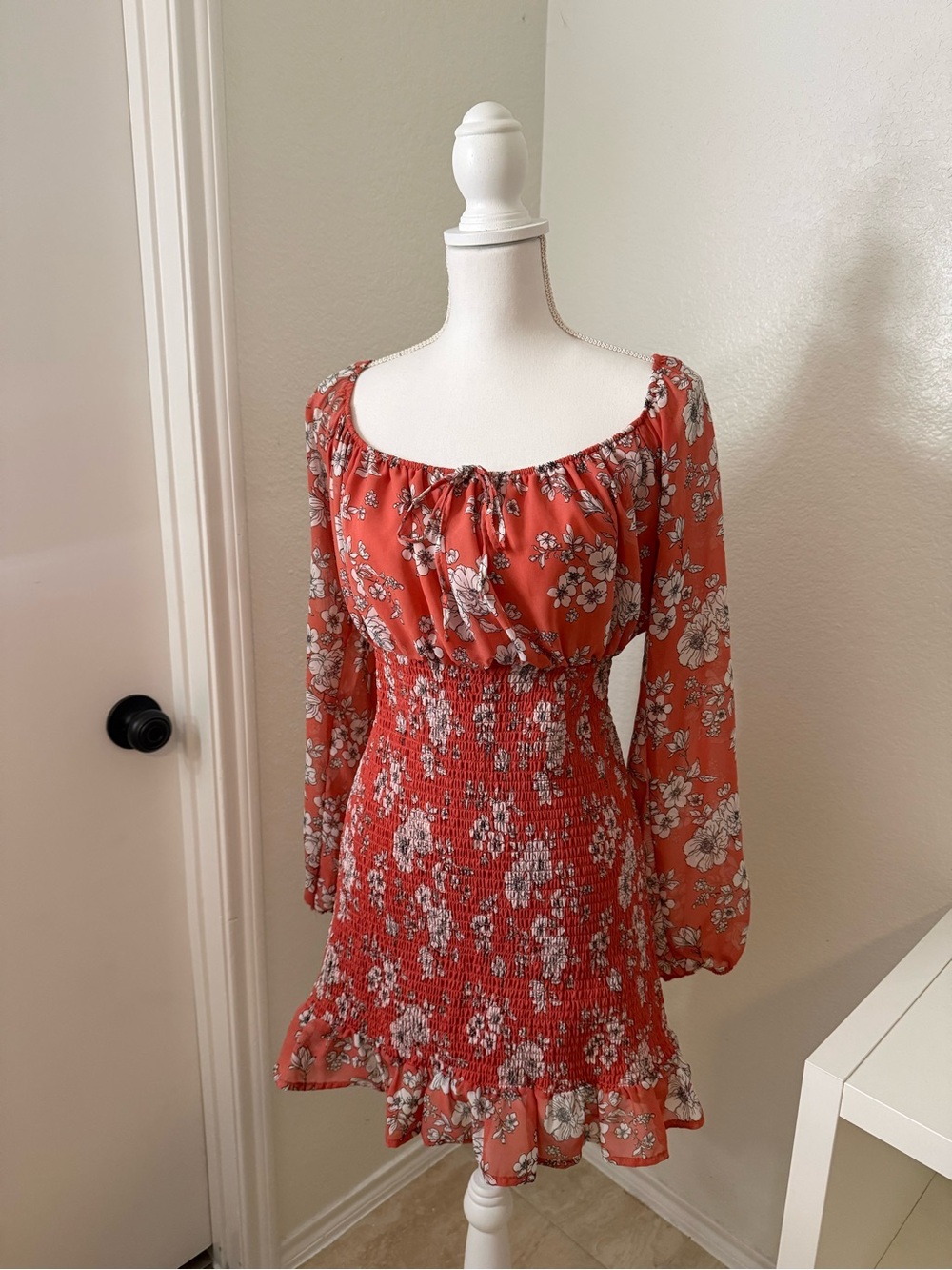 J for Justify Coral Floral Smocked Long Sleeve Mini Dress